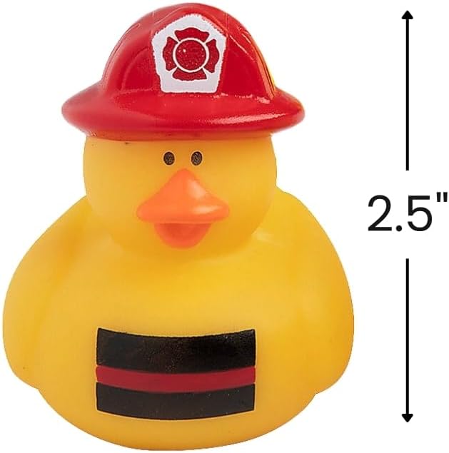 Fun Express Firefighter Rubber Ducks 12 Pack - Mini Rubber Duckies Bulk Party Favors for Kids | Fire Truck Birthday Decorations & Fireman Theme Prizes | Treasure Box Toys for Classroom Carnival Gifts