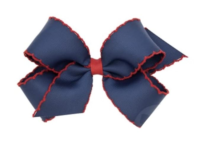 Wee Ones Girls' Classic Grosgrain Moonstitch Edge Hair Bow, No-Slip Hair Clip, Handmade, Navy with Red, Medium