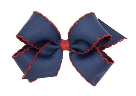 Wee Ones Girls' Classic Grosgrain Moonstitch Edge Hair Bow, No-Slip Hair Clip, Handmade, Navy with Red, Medium