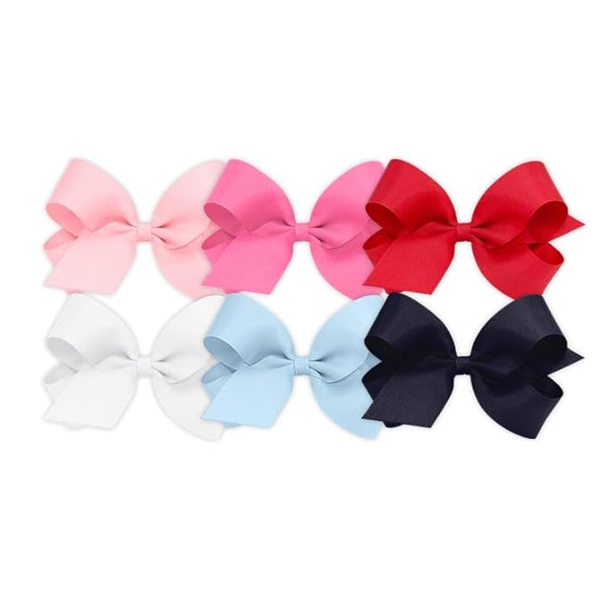 Wee Ones Girls' 6 Piece Set of Bows, Solid Grosgrain Variety Pack on a WeeStay No-Slip Hair Clip, Large, White, Millennium Blue, Navy, Light Pink, Hot Pink, Red