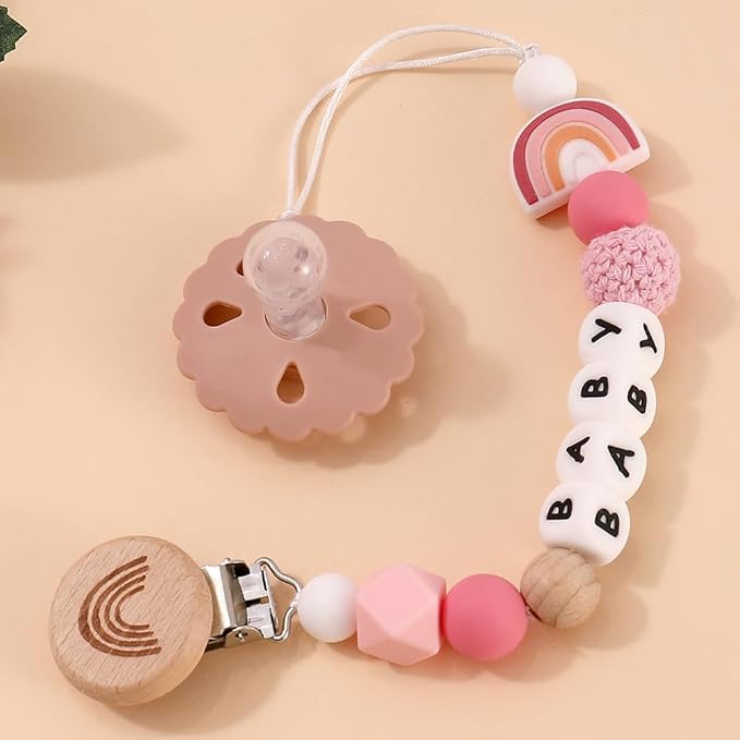 Rainbow Pacifier Chain, Rainbow Pacifier Clip Gift for Baptism or Birth, Newborn with Silicone Letter (Blue)