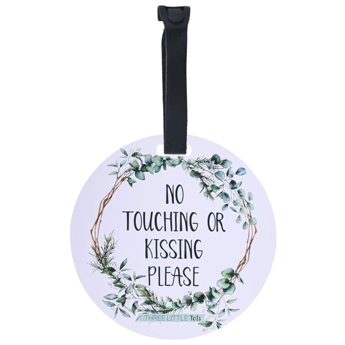 (Three Little Tots) No Touching Baby Car Seat and Stroller Two Pack- Baby Safety No Touching Car Seat Sign, Stroller Sign, Newborn Car Seat Tag- CPSIA Safety Tested (Eucalyptus/Black & White)