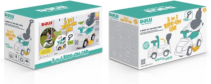 DOLU: Ride-On Car: 3-in-1 Walk & Drive - White, Green, Yellow - 3 Modes: Stroller-Walker-Push Car, Parent Handle, Horn, Baby & Toddler Ages 12 Mo+
