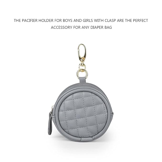 MOMIGO Pacifier Case Bag - Leather Pacifier Holder with Clip for Diaper Bag Stroller Purse Charm, Holds 2 Pacifiers Outdoor Travel (Grey)