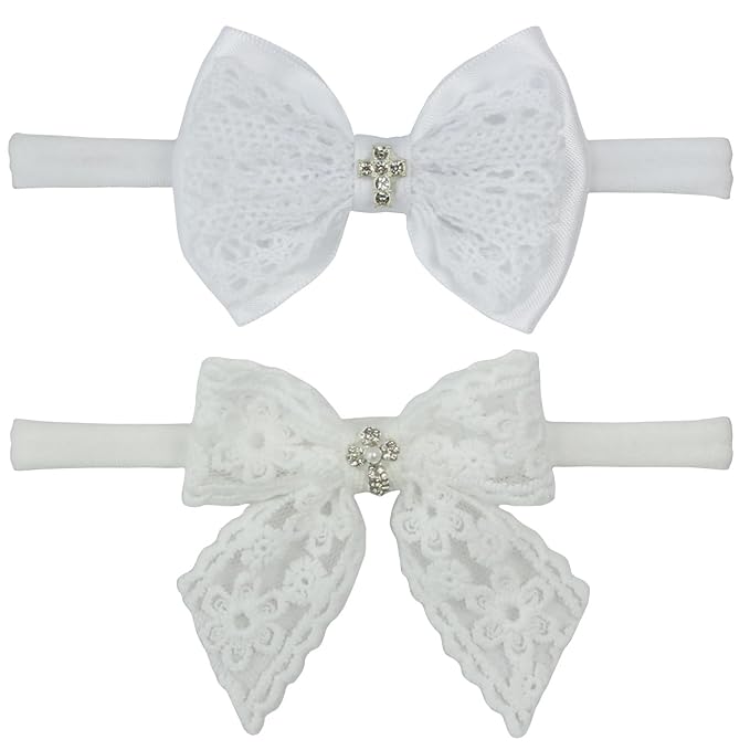 Nihao Baby Off White Lace Bow Small Baptism Headband for Baby Girls -2 PCS