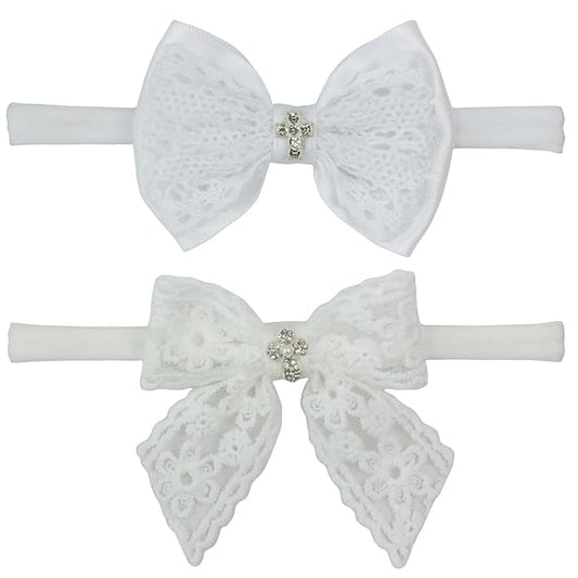 Nihao Baby Off White Lace Bow Small Baptism Headband for Baby Girls -2 PCS