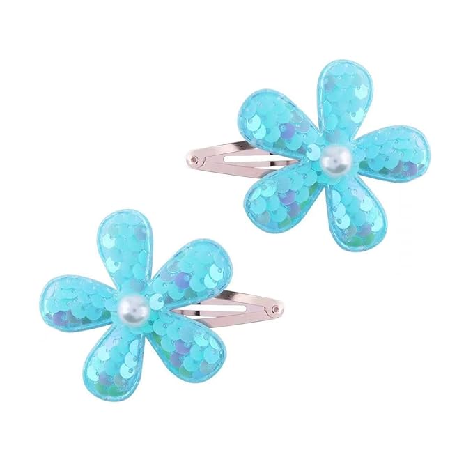 2Pcs Sequins Flower Hair Clips for Girls Cute Snap Hair Clips with Pearl Hair Barrettes Spring summer Hair Accessories Birthday Party Supplies (blue)
