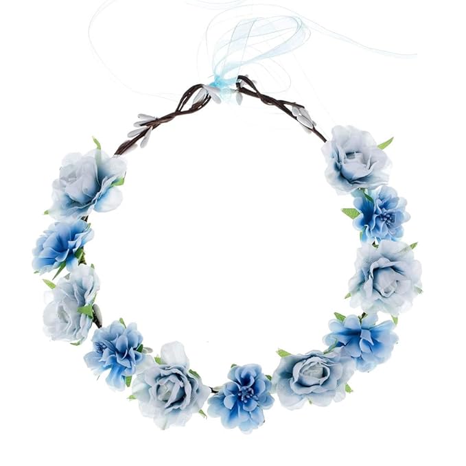 AKOAK 1 Pack Flower Crown, Bohemian Wreath for Girls Floral Tiara, Wedding Headband, Bride Bohemian Wreath/Baby Shower/Photo/Toddler (Blue)