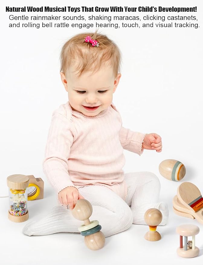 Wooden Baby Rattle Musical Set Montessori Toys for Infants 0+ Months - Rainmaker, Egg Shaker, Maracas, Ring Rattle, Bell Roller Rattle, Castanets, Kaleidoscope, Newborn Sensory Play Gift