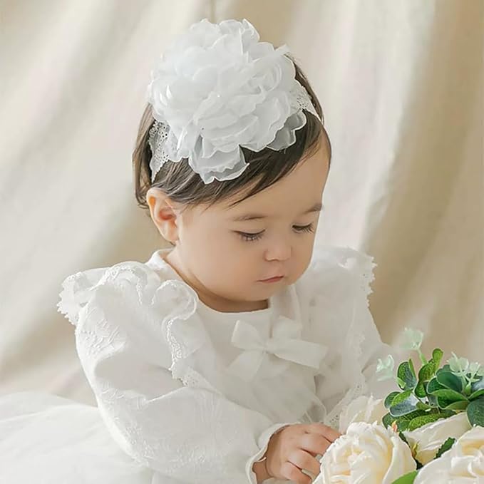 White Lace Flower Headband for Baby Girls Toddler Christening Baptism Hairband Soft Lace Floral Birthday Party Hair Accessories for Newborn Infants Kids (Style 7, One size)