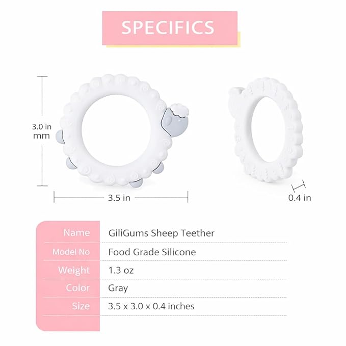 Sheep Teether – Gray | 100% Food Grade Silicone Baby Teething Toy | Textured Ring for Gum Relief | Easy Grip for Little Hands | BPA-Free, Phthalate-Free | Baby Teether Toy 3-36 Months