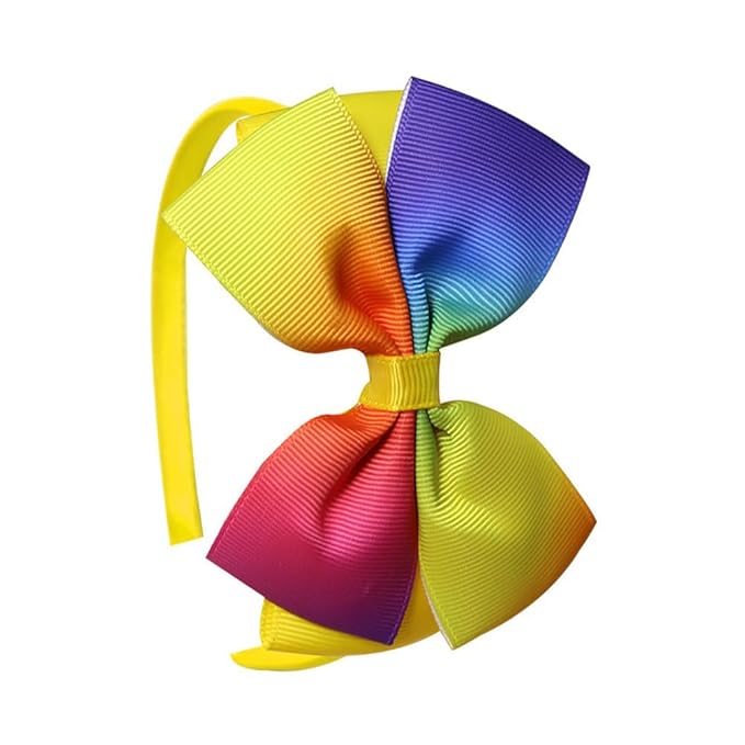 Baby Girl's 4 Inch Double Layer Bow knot Headband Pure Color Ribbed Band Hair Hoop (Rainbow Yellow)