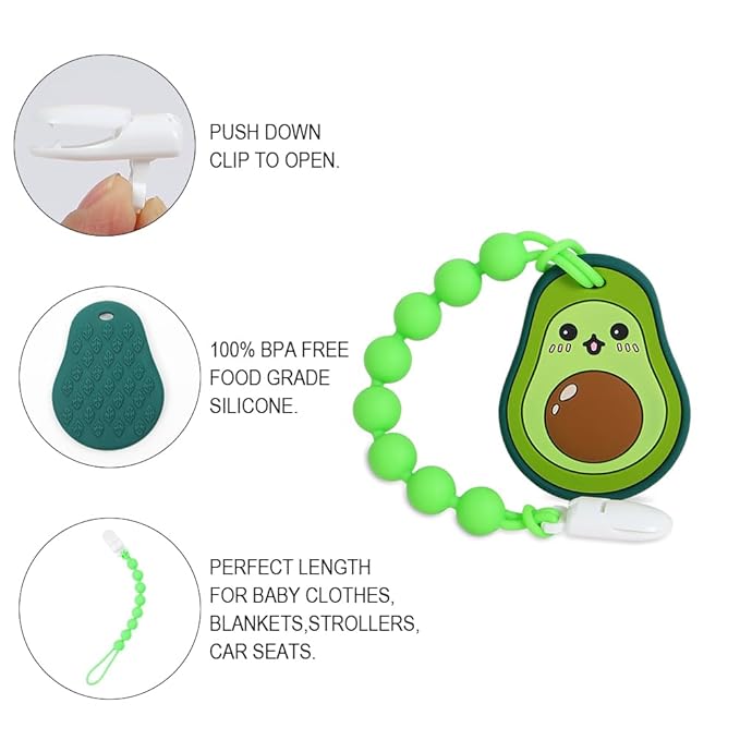 Baby Teething Toys,Food Grade Silicone Teether with One-piece Pacifier Clip Holder,Baby Gift,Highly Effective Pain Relief for 3 Months+ Boy and Girl,BPA Free,Freezer Safe. (Avocado)