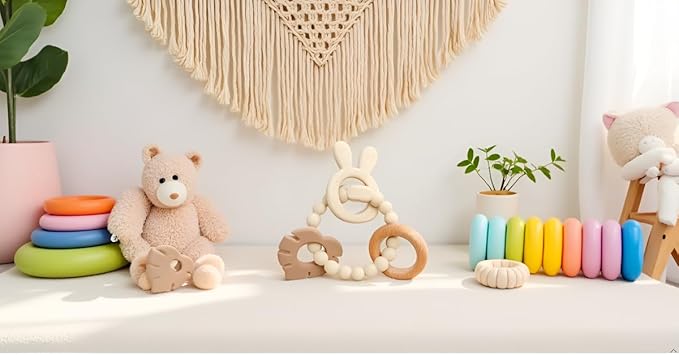 | Bohemian Teether | Baby Teether | Sensory Exploration and Teething Relief | 100% Food-Grade Silicone Teether Toy | BPA Free | Chewbeads | Silicone with Beechwood Ring | (Tan)