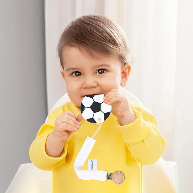 Baby Food Grade Silicone Sports Shape Teether Toy with Pacifier Clip Holder,Teething Pain Relief Toys Gift Set for 3 Months+ Boys and Girls,Freezer Safe,BPA Free (Soccer)