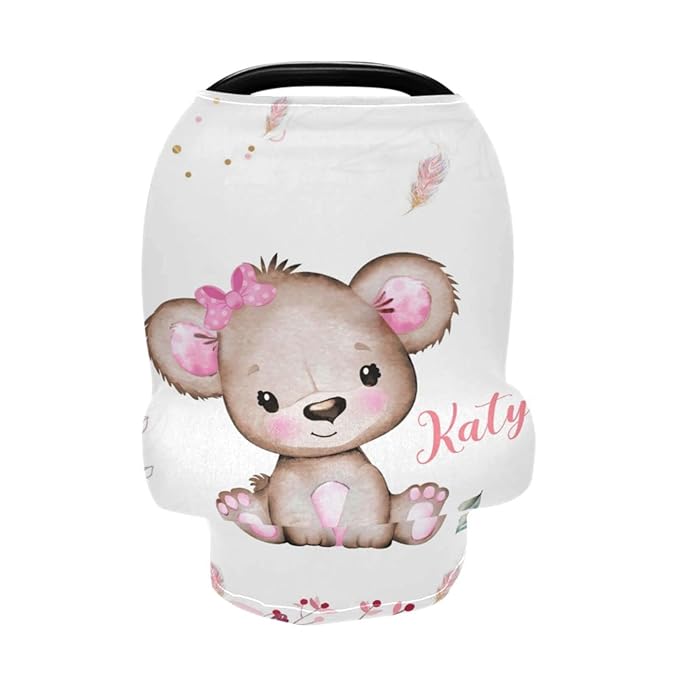 Personalized Baby Car Seat Covers with Name, Custom Nursing Cover Breastfeeding for Babies, Carseat Canopy for Girls, Infant Stroller Cover for Winter, Breathable Carseats Cover (Cute Little Bear)