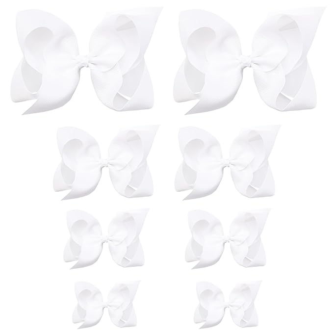Oaoleer 8PCS Hair Bows for Girls White Grosgrain Ribbon Boutique Bow Alligator Clips Hair Accessories for Toddlers Little Girls Kids (8inch, 6inch, 4.5inch, 3inch in Pair)
