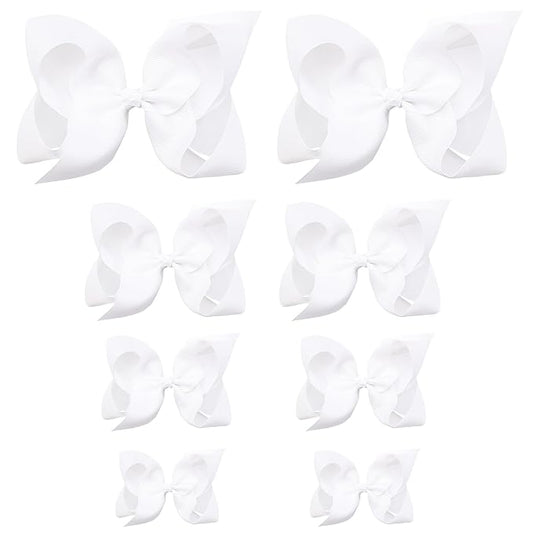Oaoleer 8PCS Hair Bows for Girls White Grosgrain Ribbon Boutique Bow Alligator Clips Hair Accessories for Toddlers Little Girls Kids (8inch, 6inch, 4.5inch, 3inch in Pair)