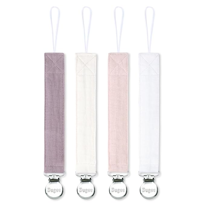 Pacifier Clip for Baby Boy and Girl - Linen Soft Fabric Pacifier Hold with Clip for Binky, Leash Soothie Holder Unisex 4 Pack (Pink）