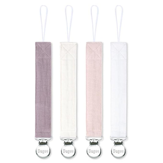 Pacifier Clip for Baby Boy and Girl - Linen Soft Fabric Pacifier Hold with Clip for Binky, Leash Soothie Holder Unisex 4 Pack (Pink）