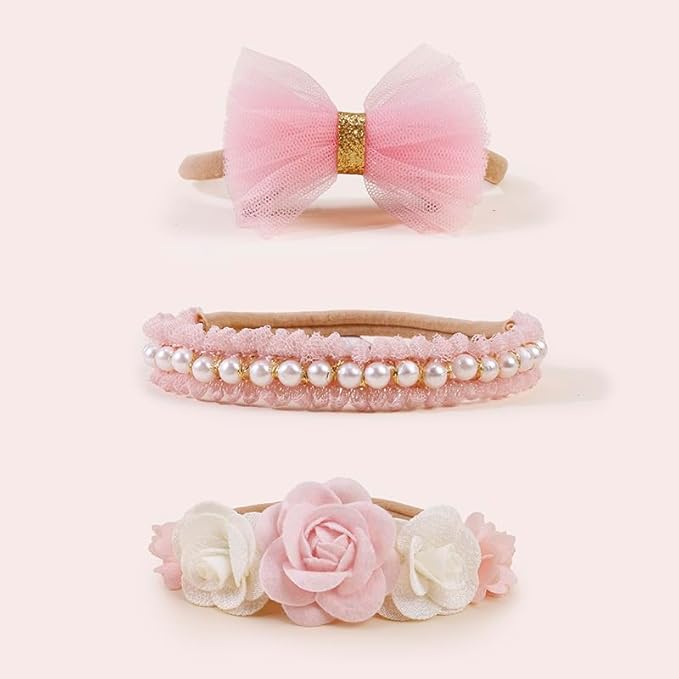 cherrboll Baby Girl Nylon Headbands, 3Pcs Handmade Floral Hair Bows, Stretchy Flower Hairbands for Newborns Infants Toddlers