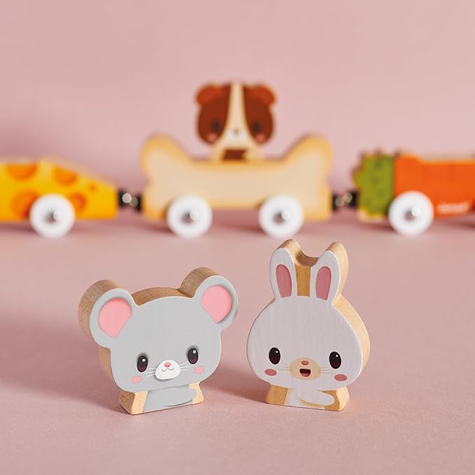 Janod - Pets Wooden Animal Car Train Push and Go Playset - Toddler Playtime - Magnetic Interchangeable Cars - Encourages Imaginative Play - Adorable Animal Characters, Safe Quality Materials
