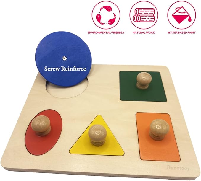 Montessori Multi Shape Wooden Puzzle Toy Baby Toddler First Jumbo Wood Peg Educational Basic (5 Geometry Shape)