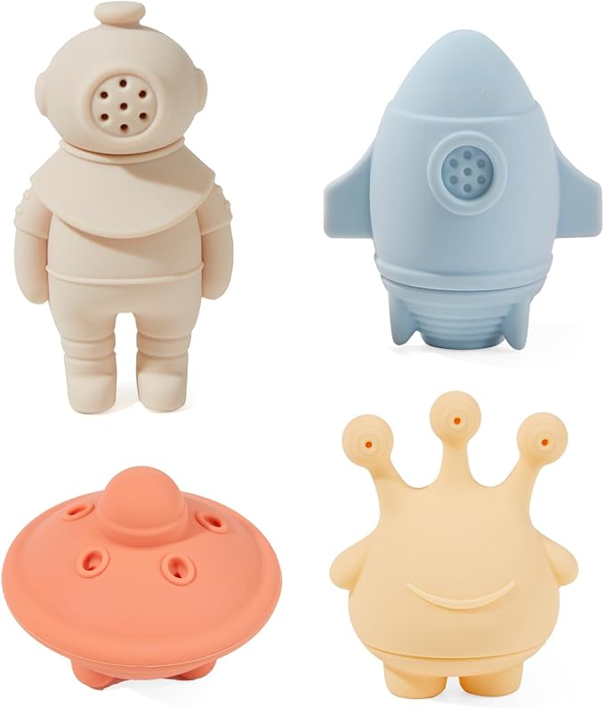 AMCHSURI Bath Toys, Space & Rocket 4 Pack | Dishwasher-Safe & Mold Free Silicone Bath Toys | Soft, Squeezable & Float on Water | Soft & Easy-Grip Baby & Toddler Bath Toy Set | Baby Pool Toys