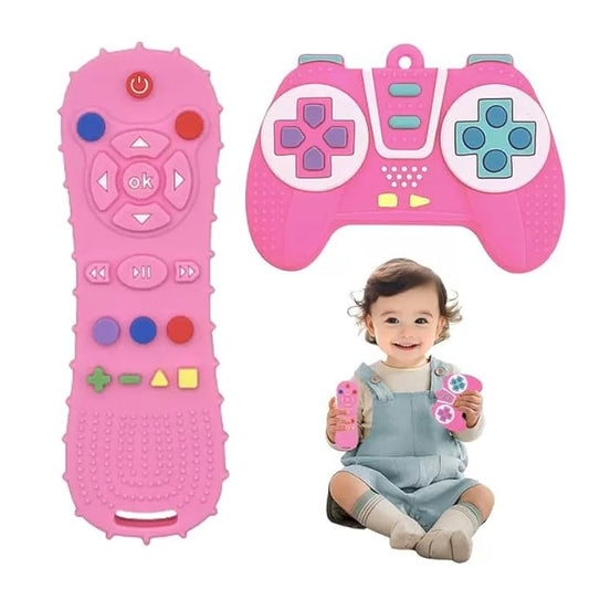 2 Pack Baby Teething Toys, Game Controller & TV Remote Shape Teether Set for Babies 6-12-18 Months, Gamer Silicone Chew Toys, BPA Free Relief for Infant Gum Pain