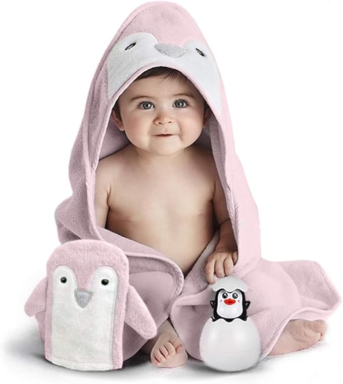Happy & Sweet Baby Gift Set - Bamboo Viscose Hooded Penguin Bath Towel, Mitt Washcloth, and Squirt Bath Toy for Girls – Ballet Slipper Color - Bonus eBook Included