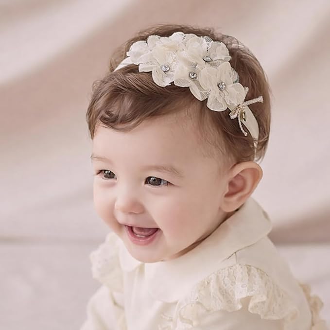 Baby Girls Hairband White Bow Lace Headbands Handmade Soft Stretchy Wide Head Band Newborn Hairbands with Bows Pearls Elastic Headband for Infant Hair Accessories（Beige Lace Flower）
