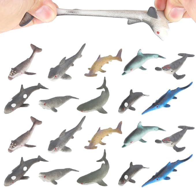 20 PCS Mini Rubber Shark Toy Figure, Super Stretches Bath Toy Set, Material TPR, Ocean Sea Animal Floating Bathtub Toy Party Favors, Realistic Shark Dolphin Whale Toy
