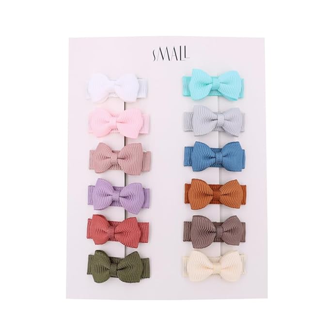 12 PCS Baby Bow Bangs Hair Clips Tiny Snap Clip for Infant Toddler Girl Mini Grosgrain Ribbon Hair Bow Barrettes Girls Hair Accessories (Tiny bow 1.2" 12 Colors)