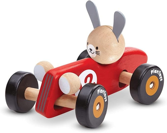 PlanToys Wooden Rabbit Racing Car Vehicle Playset Toy (5704) | Sustainably Made from Rubberwood and Non-Toxic Paints and Dyes