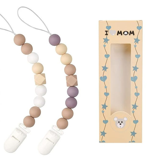 Pacifier Clips for Baby Boys Girls Silicone Beads Pack of 2 Soft Flexible Binky Clips (Beige+Purple)