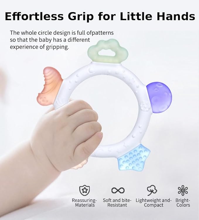 Cosmo Ring Teether – 100% Food Grade Silicone Baby Teething Toy | Multi-Textured Sensory Shapes for Gum Relief | Easy Grip Circle Design | BPA-Free, Phthalate-Free | Baby Teether 3-36 Months