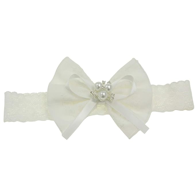 Baby Bow Headband for Baptism Christening Lace Hair Band (0-6 months,A-off white bow with imitation pearl)