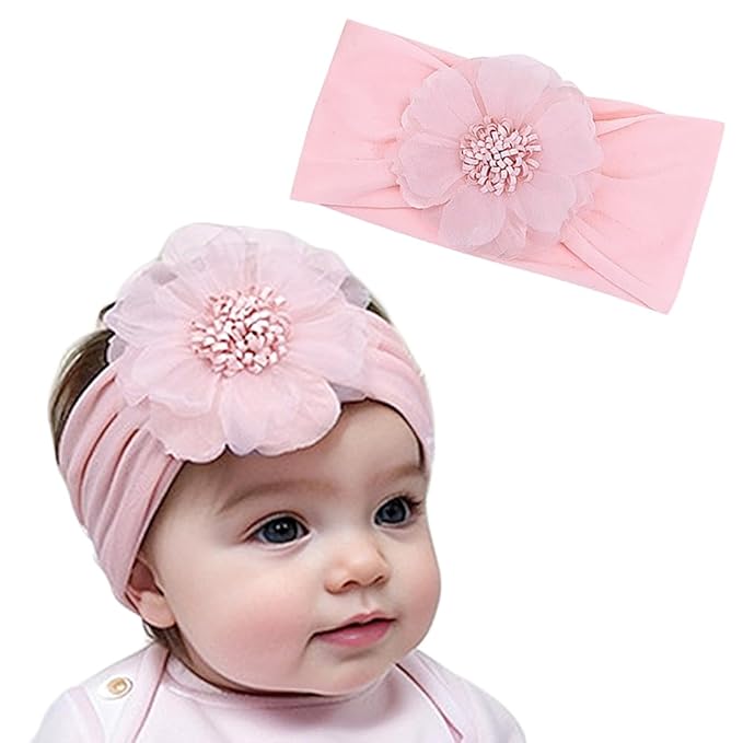 Large Flower Elastic headband for Baby Girl Infant Soft Fabric Chiffon Floral Hairband Toddler Newborn Christening Baptism Hair Accessories (Flower 2 - Pink, Elastic)