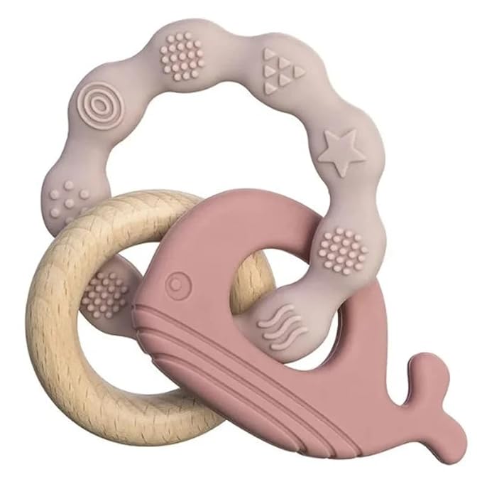 Personalized Silicone & Natural Wood Teething Ring/Rattle,Baby Teether Toys,Newborn Gift