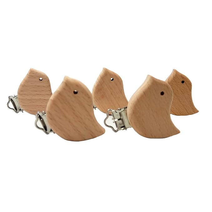 5pcs Natural Wood Suspender Pacifier Clips Cute Beech Wooden Animal Bird Shape Clips Charm DIY Beading Pacifier Chain Accessory