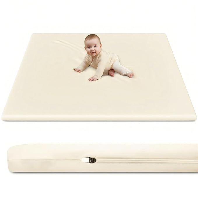 Vegan Leather Baby Play Mat Cover, 50x50 Inch, Waterproof Stylish and Just Wipe-Clean Playmat for Baby Play on Floor (Beige)