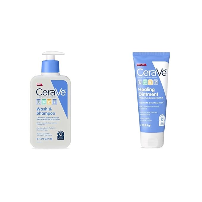 CeraVe Baby Wash & Shampoo | 2-in-1 Tear-Free Baby Wash & Sulfate Free | 8 Ounce & Diaper Rash Cream | Baby Healing Ointment for Extra Dry, 3 Ounce