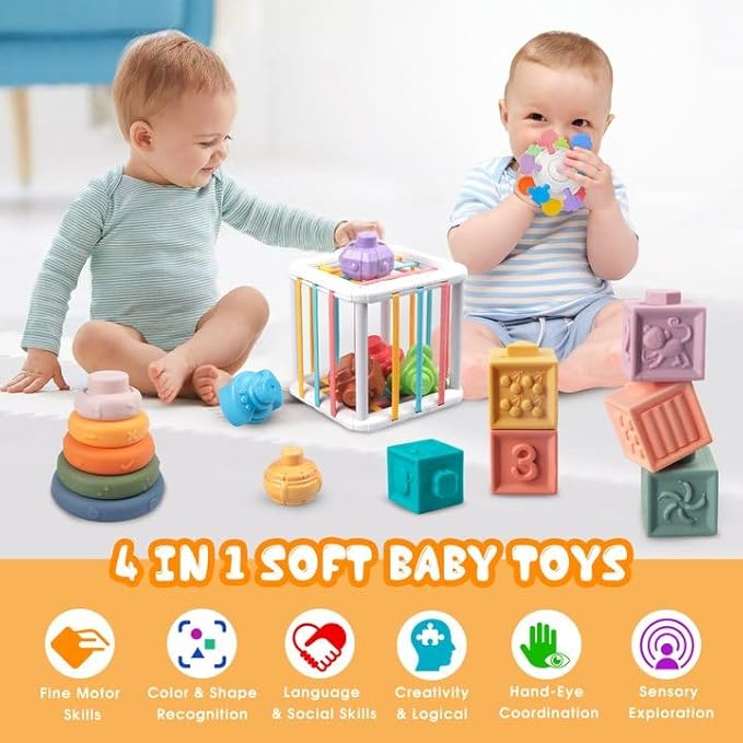 Plunack 4-in-1 Baby Toys Montessori Soft Stacking Blocks for Babies, Infants Teething Toys, Sensory Balls and Educational Learning Set for Toddlers (Boys & Girls)