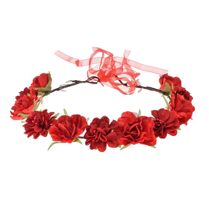 AKOAK 1 Pack Flower Crown, Bohemian Wreath for Girls Floral Tiara, Wedding Headband, Bride Bohemian Wreath/Baby Shower/Photo/Toddler (Red)
