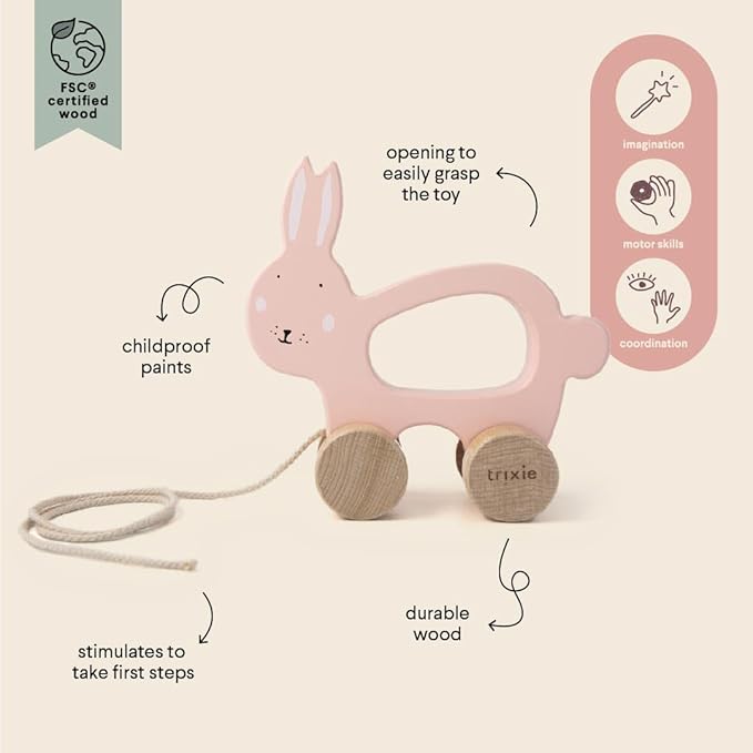Trixie Mrs. Rabbit Pull Along Toy - FSC-Certified Wood - 12m+ - Pink