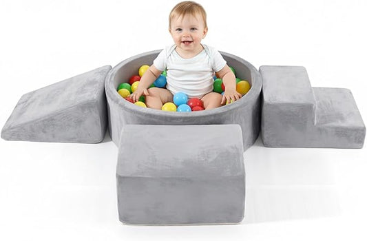 Tiita Climbing Toys for Toddlers 1-3 Indoor with Ball Pit, 4-Piece Kids Foam Climbing Blocks, Activity Soft Play Climbing for Baby, Grey, Balls not Included