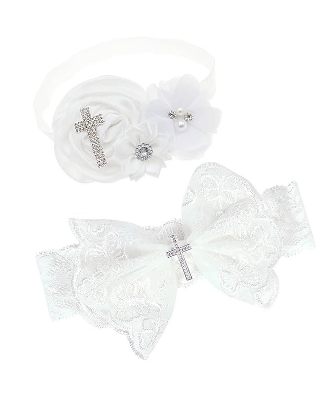 BBTDIN Baptism Christening Headbands Baby Girls Flower Lace Hair Hand White Bow BBG11 (B3-Cross Set)