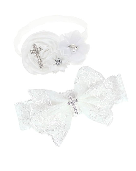 BBTDIN Baptism Christening Headbands Baby Girls Flower Lace Hair Hand White Bow BBG11 (B3-Cross Set)