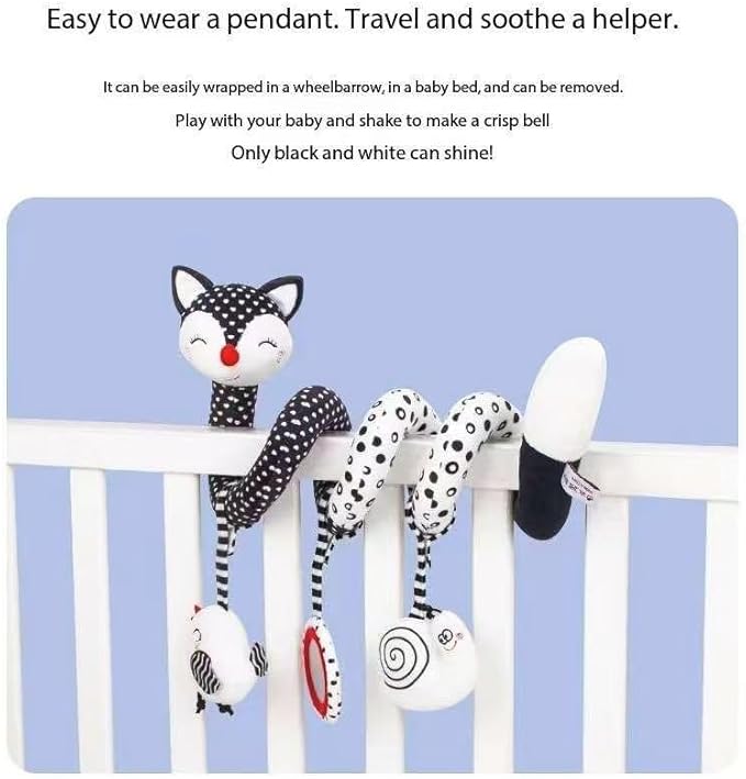 Car Seat Toys for Babies 0-6 Months, Baby Sensory Interaction Cartoon Toys with Bells_Black and White High Contrast Baby Toy Hanging or Wrapping Around The Infant Bed or Strollea03 ﻿