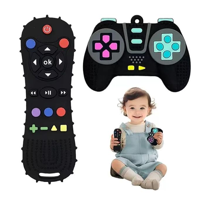Silicone Teething Toys for Babies 3+ Months TV Remote Control Game Controller Design, Chew Toys for Teething Relief, Boys & Girls, Tummy Time Gift (Black（Remote Control + Joystick）)